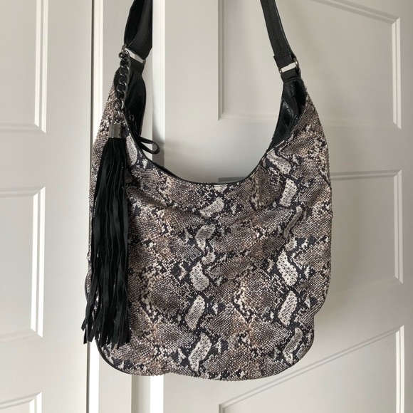 Snake print faux sueded handbag with rhinestones - Picture 1 of 8
